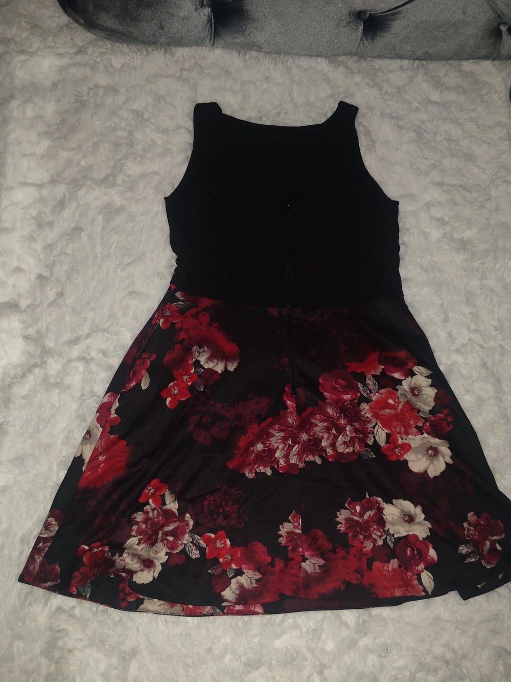 SLNY Black Sleeveless Dress with Red & Cream Floral Detail